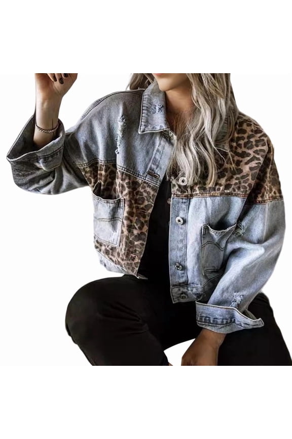 Womens Button Down Distressed Leopard Denim Jean Jacket Washed Long Sleeve Ripped Cheetah Jean Coat Light Blue XXL