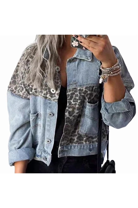 Womens Button Down Distressed Leopard Denim Jean Jacket Washed Long Sleeve Ripped Cheetah Jean Coat Light Blue XXXL