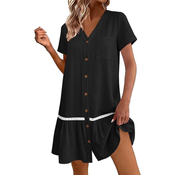 Womens Button Down Dress Loose Summer Cotton Linen Dress Ruffle Hem Casual Dress Short Sleeve Tunic Dress Black S(S)