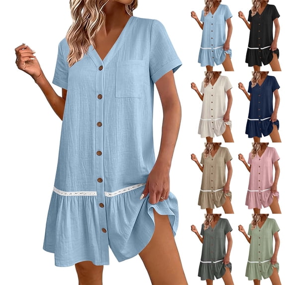 Womens Button Down Dress Loose Summer Cotton Linen Dress Ruffle Hem Casual Dress Short Sleeve Tunic Dress Blue XL(XL)