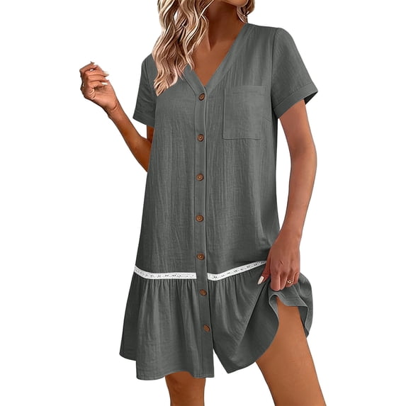 Womens Button Down Dress Loose Summer Cotton Linen Dress Ruffle Hem Casual Dress Short Sleeve Tunic Dress Gray XL(XL)