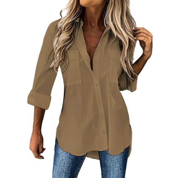 Womens Button Down Dress Shirts Trendy Solid Color Long Sleeved Collared Blouses with Pocket Business Casual Relaxed Fit Work Tops