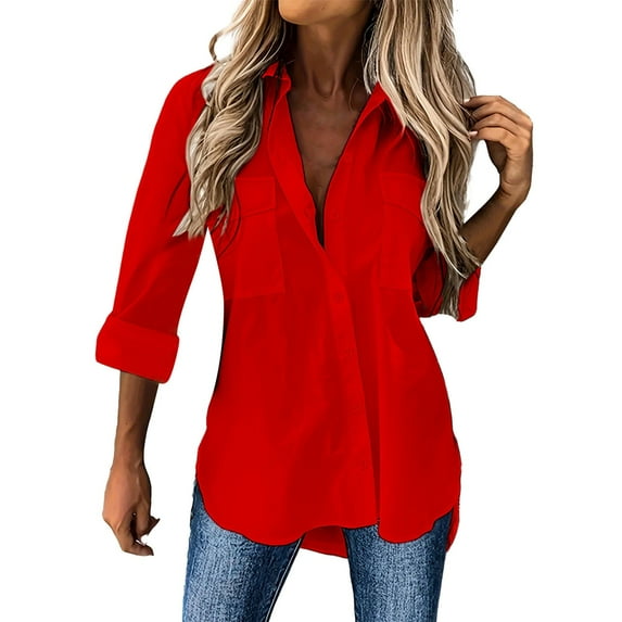 Womens Button Down Dress Shirts Trendy Solid Color Long Sleeved Collared Blouses with Pocket Business Casual Relaxed Fit Work Tops