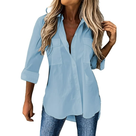 Womens Button Down Dress Shirts Trendy Solid Color Long Sleeved Collared Blouses with Pocket Business Casual Relaxed Fit Work Tops