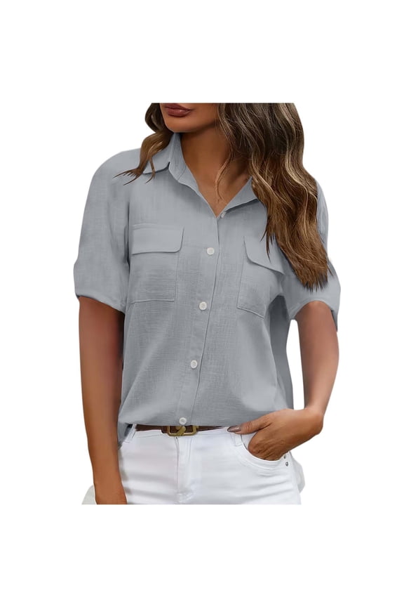 Womens Button Down Dressy Blouses, Short Sleeve Shirts for Women Summer Casual Cotton Linen Lapel T-Shirts with Pockets