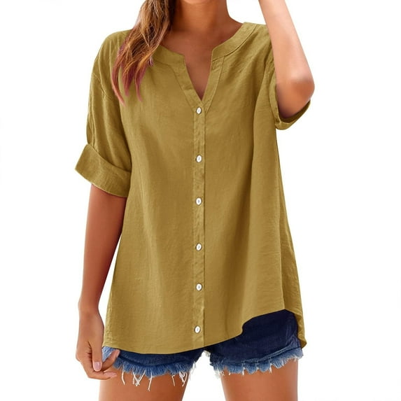 Womens Button Down Dressy Blouses, Short Sleeve Shirts for Women Summer Casual Vintage Solid Color Notch V Neck T-Shirts
