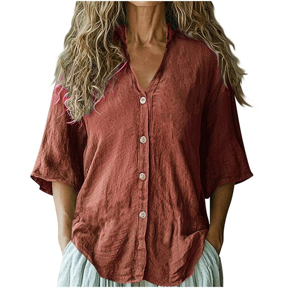 Womens Button Down Dressy Blouses, Short Sleeve Shirts for Women Summer Casual Vintage Solid Color V Neck T Shirts S-2XL