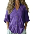 thumbnail image 1 of Womens Button Down Dressy Blouses, Short Sleeve Shirts for Women Summer Casual Vintage Solid Color V Neck T Shirts S-2XL, 1 of 5
