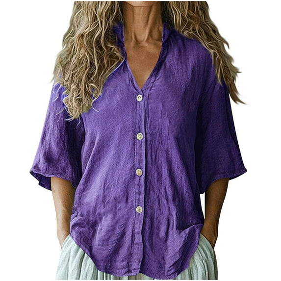 Womens Button Down Dressy Blouses, Short Sleeve Shirts for Women Summer Casual Vintage Solid Color V Neck T Shirts S-2XL