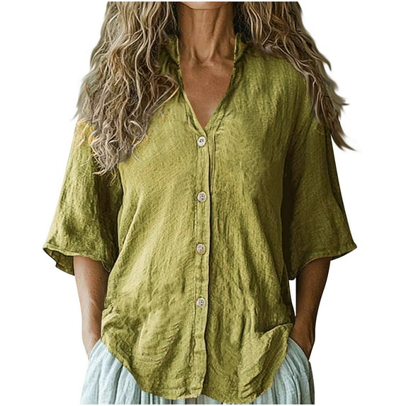Womens Button Down Dressy Blouses, Short Sleeve Shirts for Women Summer Casual Vintage Solid Color V Neck T Shirts S-2XL