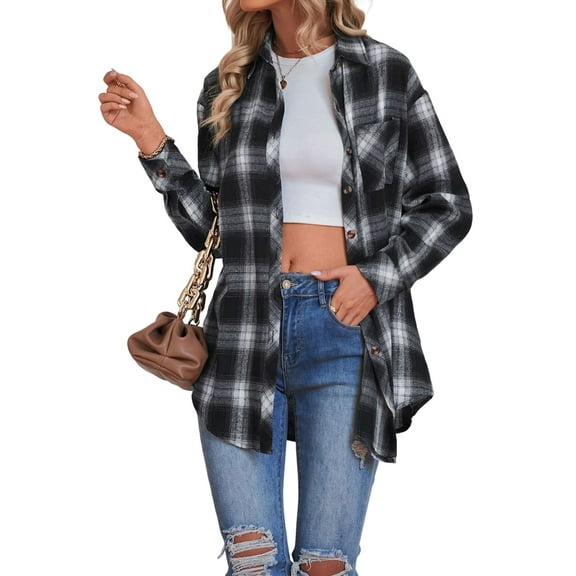 Womens Button Down Flannel Shirts Long Sleeve Plaid Shackets Business Casual Blouse Top Black L