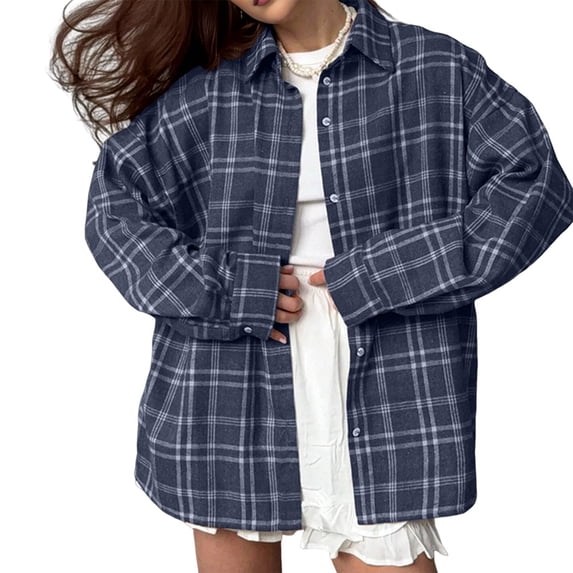 Womens Button Down Flannel Shirts Long Sleeve Plaid Shackets Business Casual Blouse Top Blue & White Grid XL