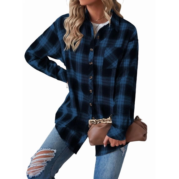 Womens Button Down Flannel Shirts Long Sleeve Plaid Shackets Business Casual Blouse Top Blue XL