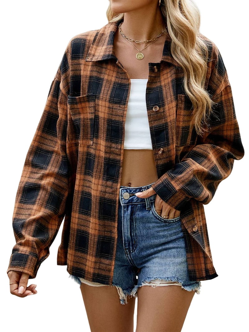 Womens Button Down Flannel Shirts Long Sleeve Plaid Shackets Business ...