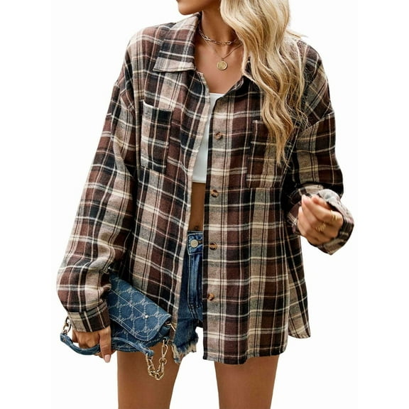 Womens Button Down Flannel Shirts Long Sleeve Plaid Shackets Business Casual Blouse Top Dark Brown L