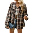 thumbnail image 1 of Womens Button Down Flannel Shirts Long Sleeve Plaid Shackets Business Casual Blouse Top Dark Brown XL, 1 of 9