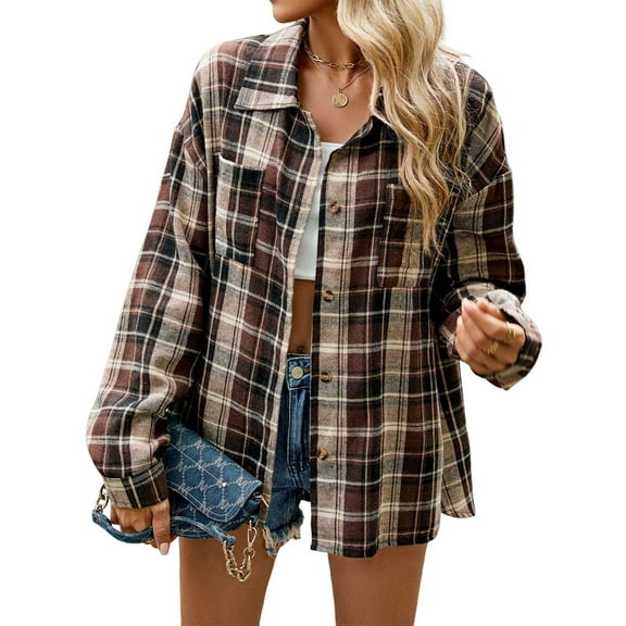 Womens Button Down Flannel Shirts Long Sleeve Plaid Shackets Business Casual Blouse Top Dark Brown XL
