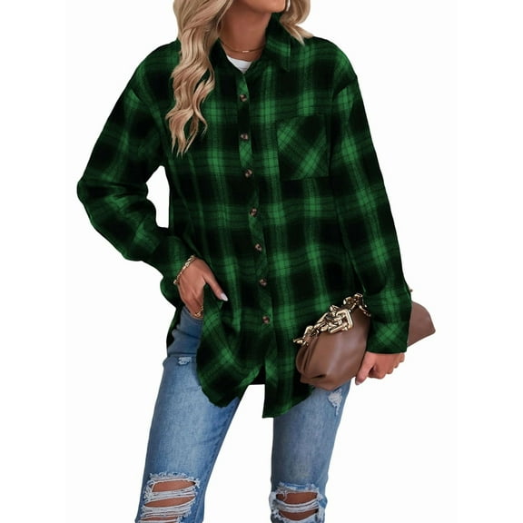 Womens Button Down Flannel Shirts Long Sleeve Plaid Shackets Business Casual Blouse Top Green L