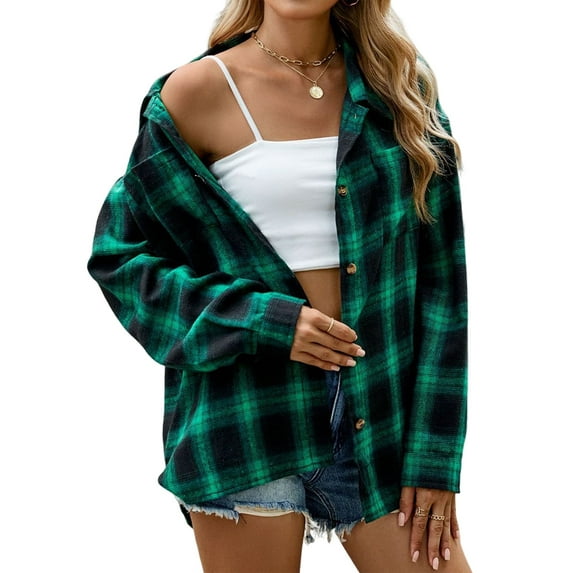 Womens Button Down Flannel Shirts Long Sleeve Plaid Shackets Business Casual Blouse Top Green S