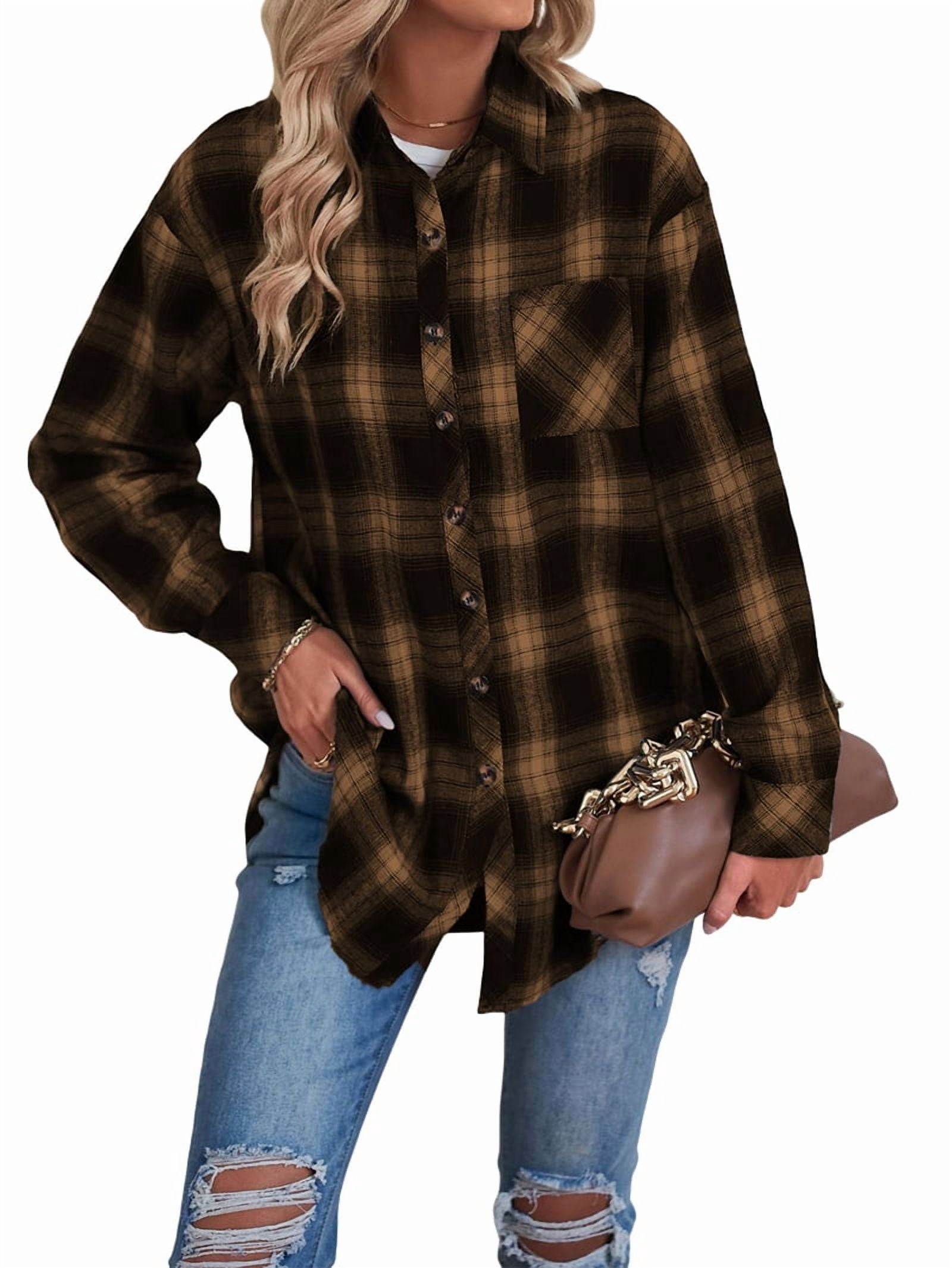 Womens Button Down Flannel Shirts Long Sleeve Plaid Shackets Business Casual Blouse Top Khaki L
