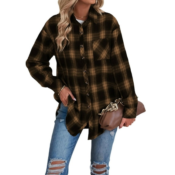 Womens Button Down Flannel Shirts Long Sleeve Plaid Shackets Business Casual Blouse Top Khaki XL