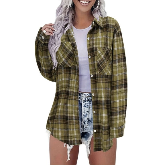 Womens Button Down Flannel Shirts Long Sleeve Plaid Shackets Business Casual Blouse Top Olive XL