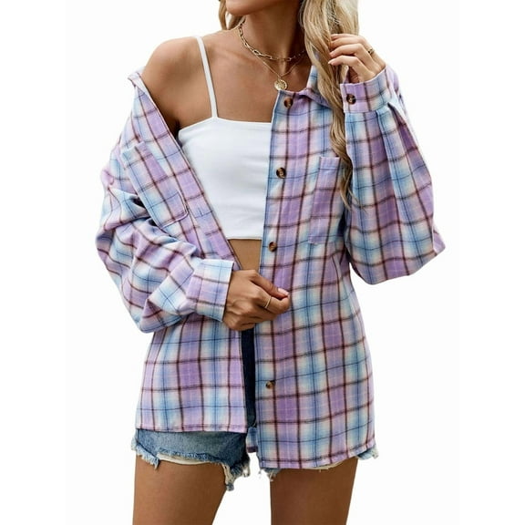 Womens Button Down Flannel Shirts Long Sleeve Plaid Shackets Business Casual Blouse Top Pink  L