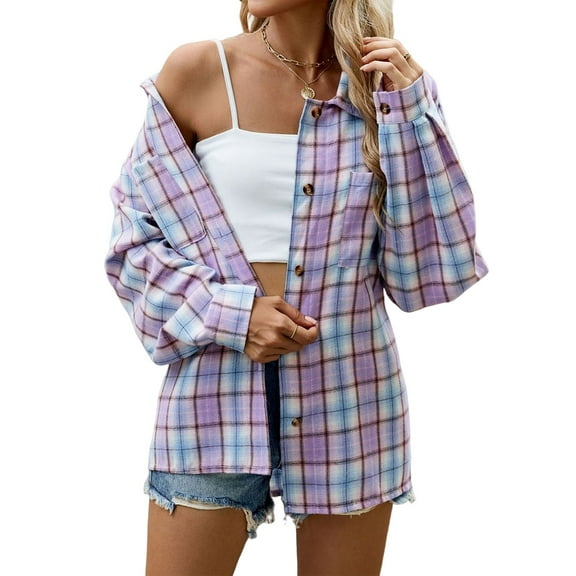 Womens Button Down Flannel Shirts Long Sleeve Plaid Shackets Business Casual Blouse Top Pink Purple L