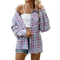 thumbnail image 1 of Womens Button Down Flannel Shirts Long Sleeve Plaid Shackets Business Casual Blouse Top Pink  S, 1 of 8