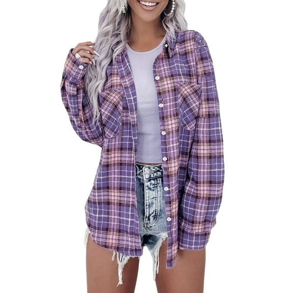 Womens Button Down Flannel Shirts Long Sleeve Plaid Shackets Business Casual Blouse Top Purple S