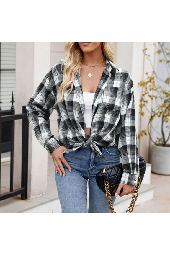 Womens Button Down Flannel Shirts Long Sleeve Plaid Shackets Business Casual Blouse Top
