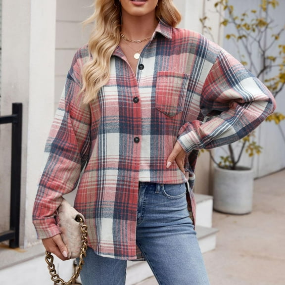 Womens Button Down Flannel Shirts Long Sleeve Plaid Shackets Business Casual Blouse Top