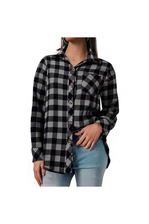Womens Button Down Flannel Shirts Long Sleeve Plaid Shackets Business Casual Blouse Top