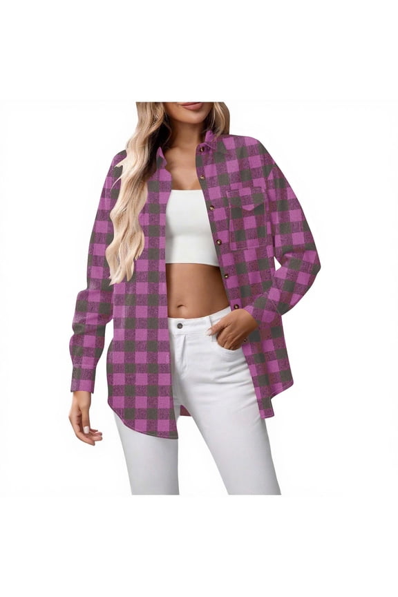 Womens Button Down Flannel Shirts Long Sleeve Plaid Shackets Business Casual Dressy Fashion Tops With Pockets