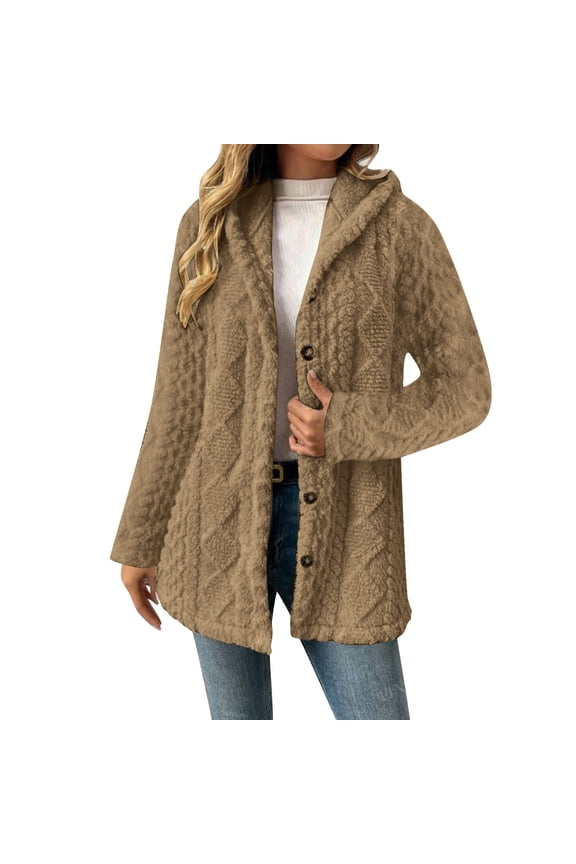 Womens Button Down Fleece Jacket with Hood Oversized Long Sherpa Hoodie Fuzzy Jackets Warm Teddy Coat Fall Winter Outerwear