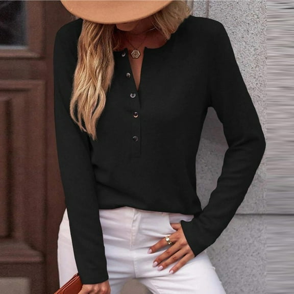 Womens Button Down Henley Shirts Ribbed Deep V Neck Long Sleeve Tops Casual Knit Blouses Tshirts Black S
