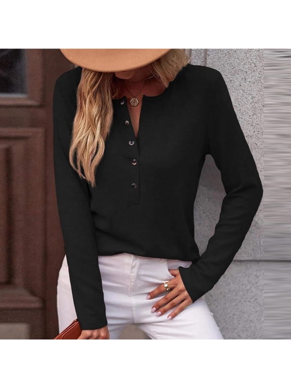 Womens Button Down Henley Shirts Ribbed Deep V Neck Long Sleeve Tops Casual Knit Blouses Tshirts Black S