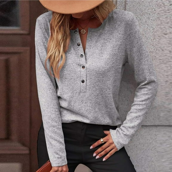 Womens Button Down Henley Shirts Ribbed Deep V Neck Long Sleeve Tops Casual Knit Blouses Tshirts Gray XXL