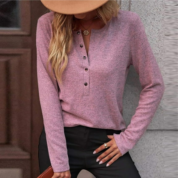 Womens Button Down Henley Shirts Ribbed Deep V Neck Long Sleeve Tops Casual Knit Blouses Tshirts Pink L