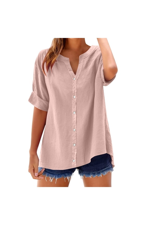 Womens Button Down Henley Shirts Short Sleeve Cuffed Cotton Button Down Shirt Linen V Neck Casual Loose Tops Blouses