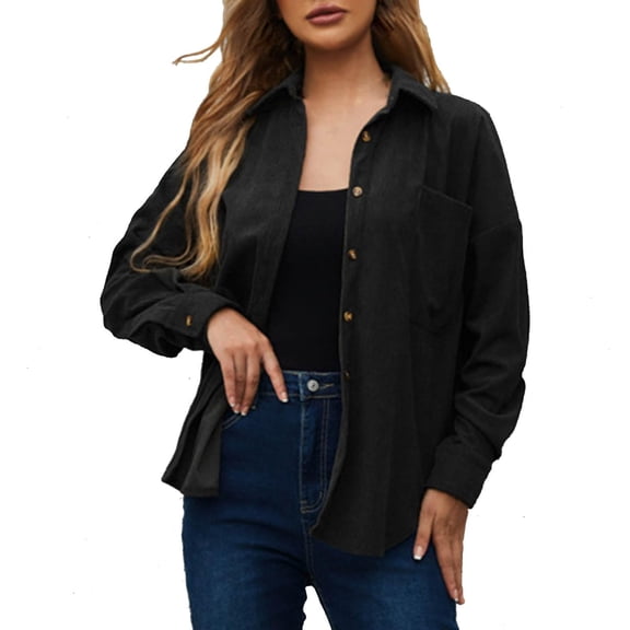 Womens Button Down Jacket Corduroy Casual Long Sleeve Shirts with Pockets Fall Fashion Coats Loose Lightweight Going Out Top Ladies