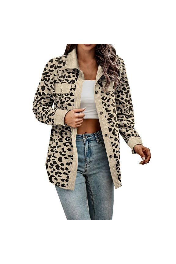 Womens Button Down Jackets Long Sleeves Oversized Leopard Print Corduroy Shirts Coats With Pockets Beige XXL