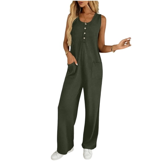 Womens Button Down Jumpsuits Sleeveless Casual Wide Leg Tank Rompers Loose Jumper Overalls with Pockets Army Green, L