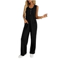 thumbnail image 1 of Womens Button Down Jumpsuits Sleeveless Casual Wide Leg Tank Rompers Loose Jumper Overalls with Pockets Black, L, 1 of 7