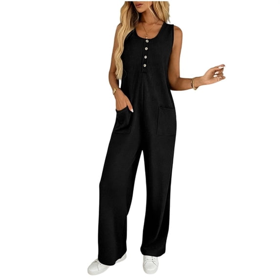Womens Button Down Jumpsuits Sleeveless Casual Wide Leg Tank Rompers Loose Jumper Overalls with Pockets Black, L