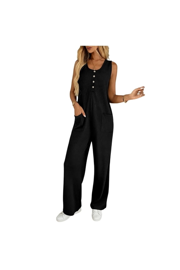 Womens Button Down Jumpsuits Sleeveless Casual Wide Leg Tank Rompers Loose Jumper Overalls with Pockets Black, M