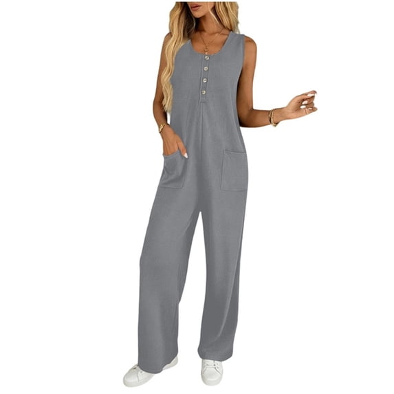 Womens Button Down Jumpsuits Sleeveless Casual Wide Leg Tank Rompers Loose Jumper Overalls with Pockets Gray, S