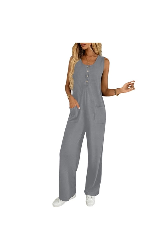 Womens Button Down Jumpsuits Sleeveless Casual Wide Leg Tank Rompers Loose Jumper Overalls with Pockets Gray, S