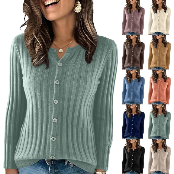 Womens Button Down Knit Cardigan Long Sleeve Lightweight Open Front Casual Crew Neck Sweater Tops Navy M