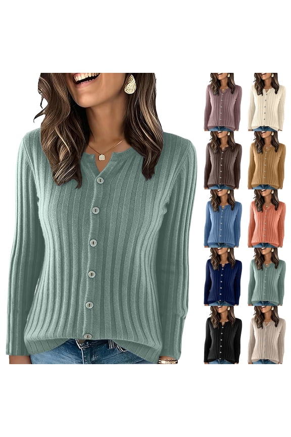 Womens Button Down Knit Cardigan Long Sleeve Lightweight Open Front Casual Crew Neck Sweater Tops Navy M